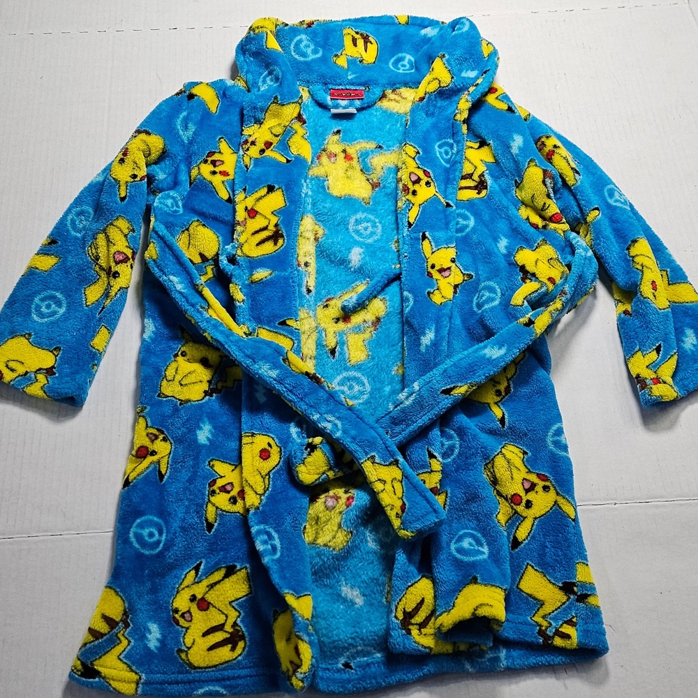 Pokemon Pikachu Boys Blue Plush Fleece Hooded Bathrobe Size XS 4/5 5170